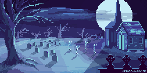 A pixelated graveyard.