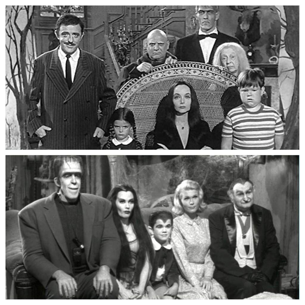 A family portrait of the Munsters and the Addams.