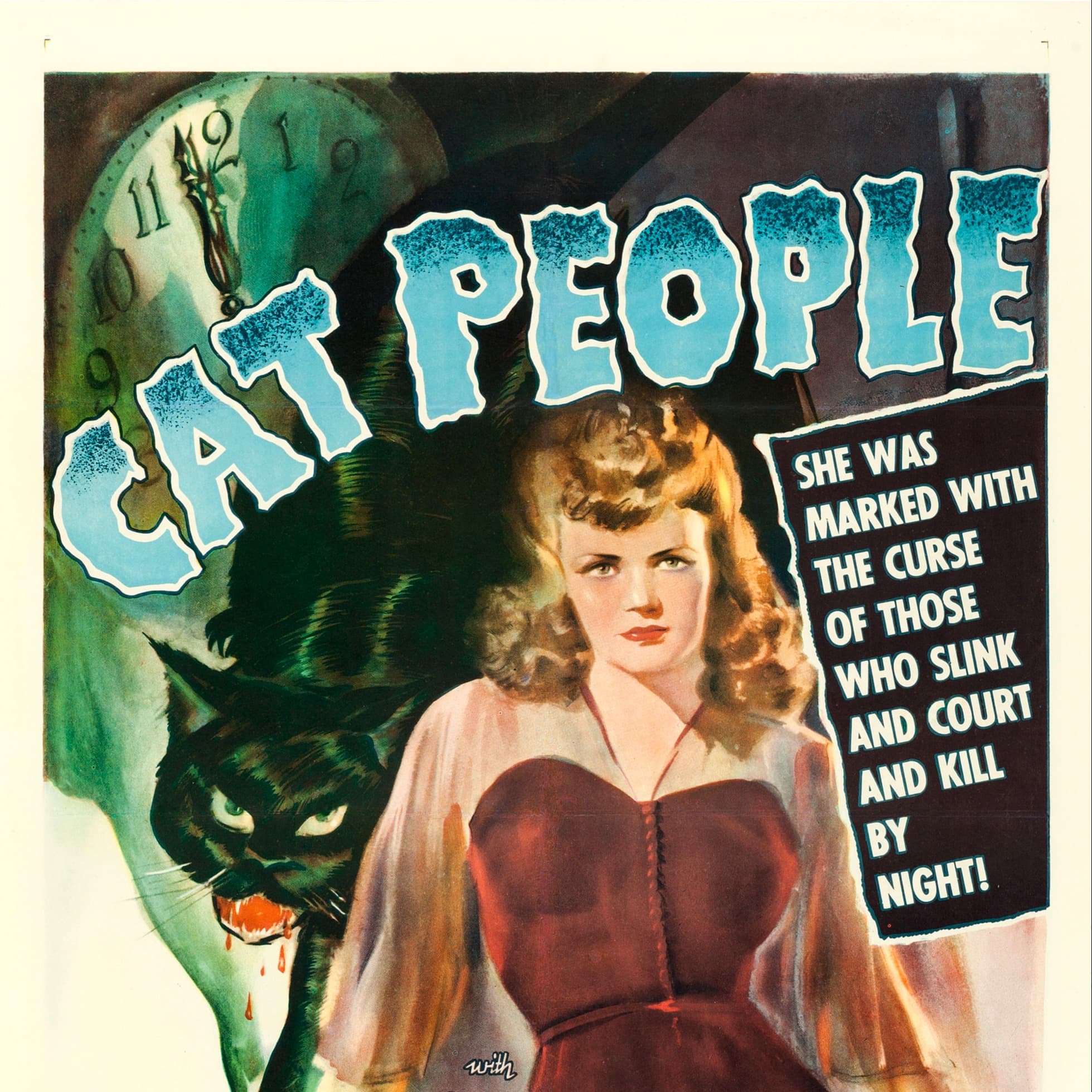 A tall blonde woman standing in front of a large black cat looking menacing.